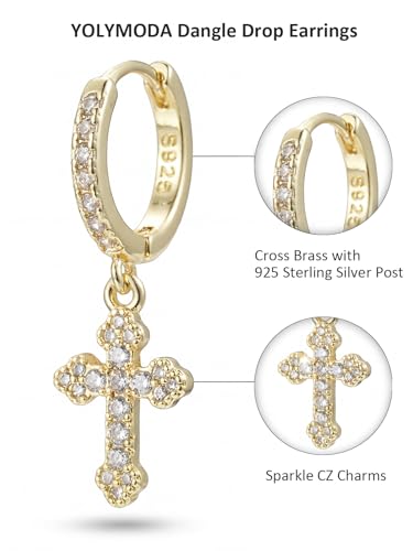 Small Cross 925 Sterling Silver Dangle Drop Earrings for Women Men - color: Gold Plated