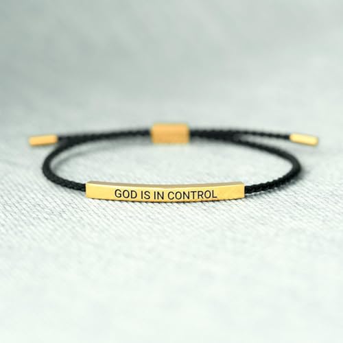 God is in Control Leather Bracelet, Stainless Steel Christian Faith Braided Engraved Bar Bracelets Self Worth Motivation Bracelet Inspirational Friendship Jewelry for Men Women - color: Black&Gold