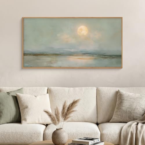 LHIUEM Large Abstract Moon Green Framed Canvas Wall Art Set,Minimalist Beige Gray Wall Decor, Nature Lake Landscape Art Painting for Living Room,Bedroom,Dining Room,Office - 20"x40"x1 - color: Abstract Moon Green Wall Art, size: 20''x40''x1