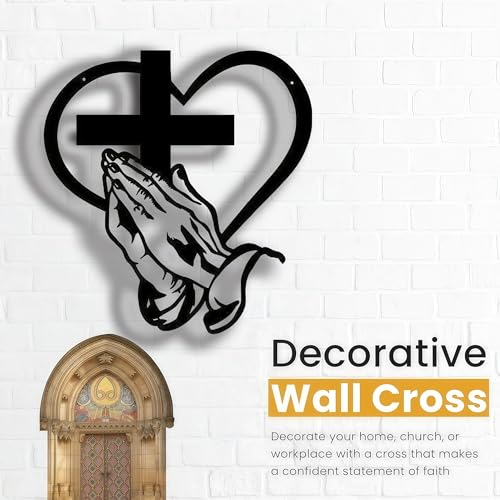 Anqililich bible Iron Christian Metal Cross Wall Decor crossArt - with Sacred Heart & Praying Hands, Farmhouse Religious Wall Sculpture for Living Room, Patio, Office, Home Decor ((Black 15.75in)) - color: (Black 15.75in)