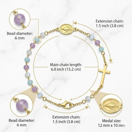 18K Gold Plated 316L Stainless Steel Rosary Bracelet for Women, Amazonite Amethyst Larimar Stone Beaded Cross Bracelet with Religious Medal, First Communion Confirmation Baptism Religious Gift Jewelry, 7.5inch