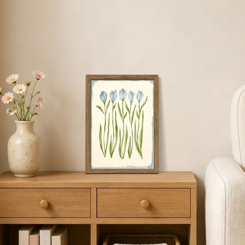 Botanical Blue Tulip Wall Art Framed Canvas Painting, Minimalist Floral Print Poster Picture, Rustic Farmhouse Flower Wall Decor Oil Paintings for Bedroom Living Room Bathroom Office Decor 12x16 Inch - color: A-Blue Tulips, size: 16"L x 12"W