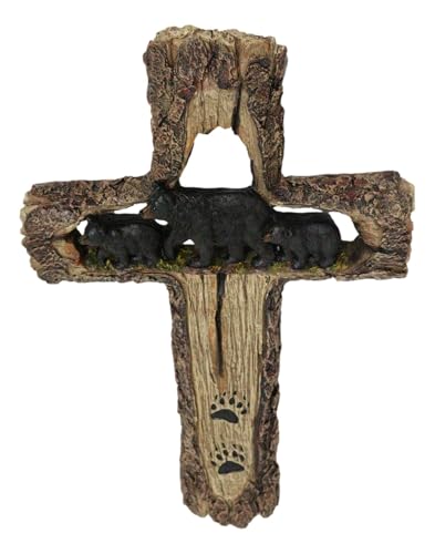 Ebros Gift 13.5" Tall Rustic Western Black Bears Momma And Cubs On Bear Trail Wall Cross Decor Hanging Sculpture With Paws Catholic Christian Country Bears Cubs Cabin Lodge Accent Decorative Crosses