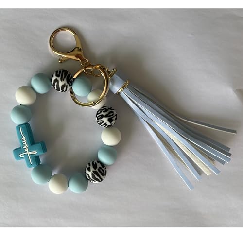 Silicone Beaded Jesus Cross Wristlet Keychain Leather Tassel,Key Ring Wrist Bangle,Key Chains Bracelet Women - color: Blue Cross