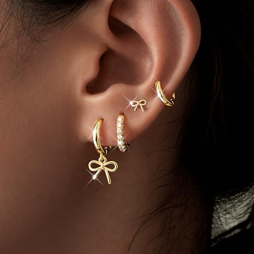 Small Gold Huggie Hoop Earrings Set for Women Men Hypoallergenic 14K Plated Stack Cartilage Earrings, Sterling Silver Multiple Piercing Lightweight Mini Thin Cute Dainty Trendy Jewelry Gifts for Women - color: Gold-Bow
