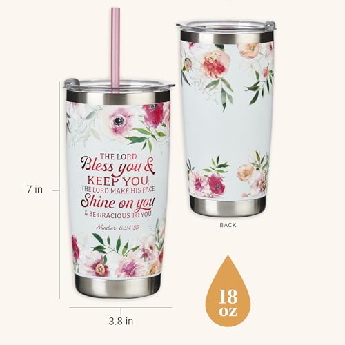 Christian Art Gifts Stainless Steel Double-Wall Vacuum Insulated Tumbler w/Straw & Lid 18 oz Pink Floral Inspirational Bible Verse Travel Mug for Women- Bless You and Keep You -Numbers 6:24-25 - color: Multicolor/Bless You