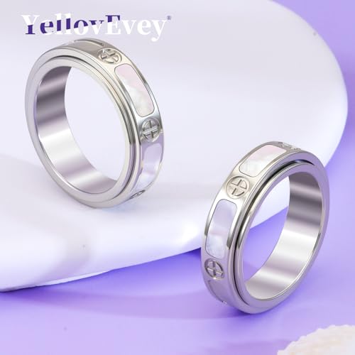 Fidget Ring for Women - Mother of Pearl Shell Cross 18K Gold Plated Love Ring Anxiety Relief Non Tarnish Stainless Steel Stackable Engagement Band - color: Silver, size: 6