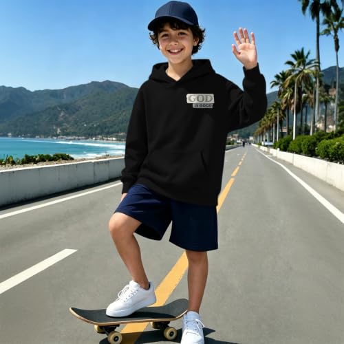 Fkatuzi Christian Graphic Hoodies For Boys Jesus God Is Good Hoodie Kids Faith Verse Bible God Religious Beach Pullover Tops - color: Black, size: 9-10 Years