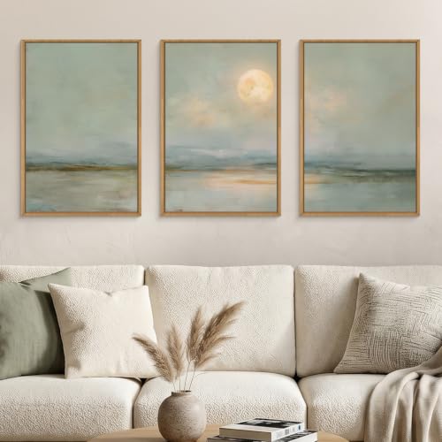 LHIUEM Large Abstract Moon Green Framed Canvas Wall Art Set,Minimalist Beige Gray Wall Decor, Nature Lake Landscape Art Painting for Living Room,Bedroom,Dining Room,Office -24"x36"x3 - color: Abstract Moon Green Wall Art, size: 24''x36''x3
