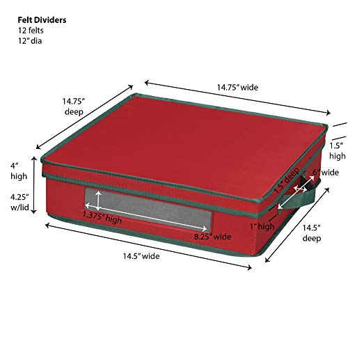 Household Essentials Holiday Charger Plate Storage Box, Holds 12 Plates with Felt Protectors and a Windowed Panel, Red and Green Trim - color: Red