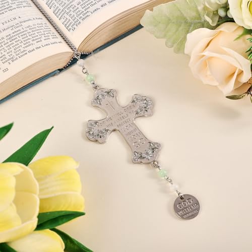 Cross Car Mirror Hanging Christian Gifts for Men Women, Metal Daily Bible Verse Car Rearview Decor Accessories, Christ Ornament Religious Gift for Truck Driver