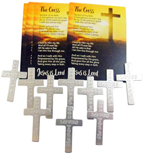 God Loves You Metal Pocket Cross with Holy Card USA Made Gift Set, 10 Pack