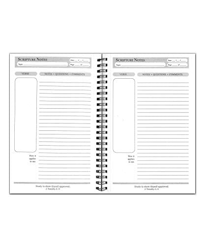 G.T. Luscombe Company, Inc. Scripture Notes, Bible Study, 9 x 5.5 inch, Spiral Bound, 100 Double-Sided Page, Hardboard Cover, Lined Notebook with Prompts and Text Boxes, Black