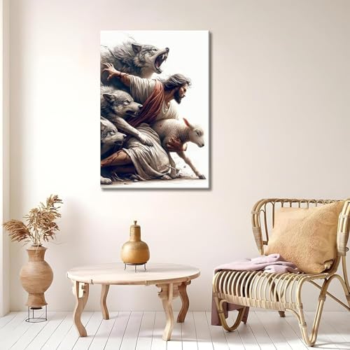 Jesus and Lamb Canvas Wall Art Jesus Saves the Lost Lamb Wall Decor Christian Posters Pictures Shepherd Protect a Lamb from Wolves Prints Bible Painting for Living Room Bedroom Church Framed - color: jesus02, size: 10"L x 8"W