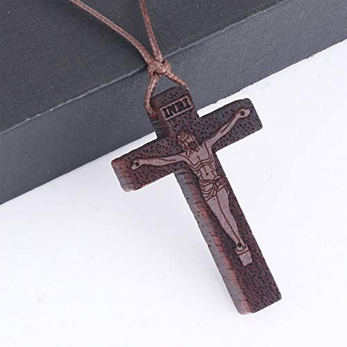 COTTVOTT Wood Orthodox Cross Pendant Necklace Christian Crucifix Necklace Prayer Jesus for Women Men - style: H-Red Color