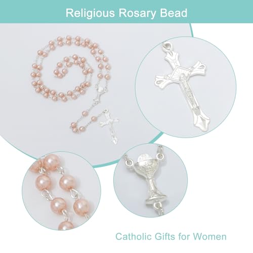 KOMI 6 MM Pearl Rosary Beads With Crucifix, Catholic Necklace for Women With Velvet Bag or Rosary Box - style: Rosary-8