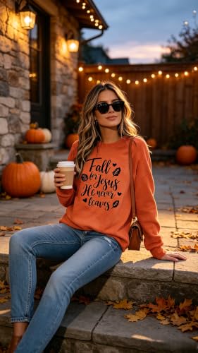 Fall for Jesus He Never Leaves Sweatshirt Women Funny Christian Thanksgiving Graphic Long Sleeve Pullover Tops - color: Orange2, size: XX-Large