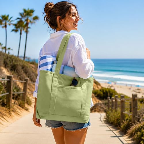 DALIX 20" Solid Color Cotton Canvas Shopping Tote Bag in Light Green - color: Light Green