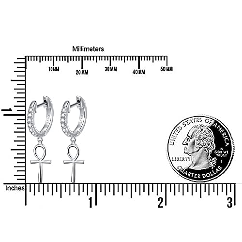 S925 Sterling Silver Ankh Cross Huggie Hoop Dangle Drop Earrings