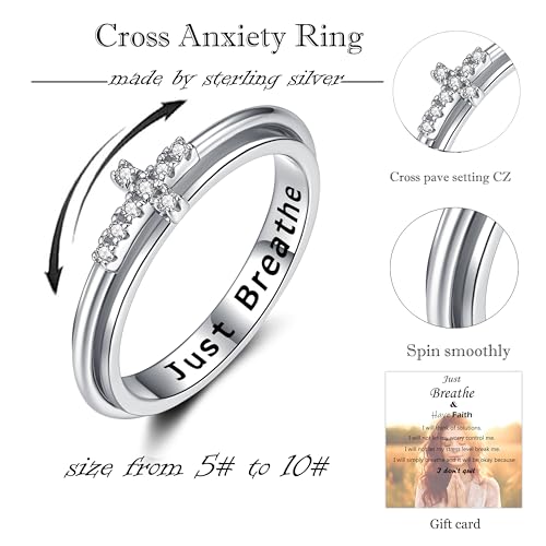 ZOEXUE Anxiety Spinner Ring - Cross/Daisy/Moon Stars/Cubic Zirconia/Paw Print Sterling Silver ADHD Stress Relieving Ring Engagement Wedding Promise Band 5-10 Sizes - style: Cross Spinner Ring