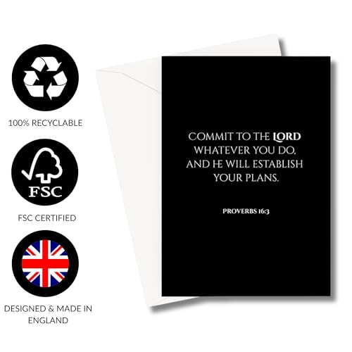 Inspiring Motivational Bible Verse Greeting Cards For Birthday, Retirement, Graduation, Sympathy, Strength, Mourning, Bereavement, Wedding Anniversary and Just Because For Christian Men and Women | Traditional Black and White Design (Proverbs 16:3) - colo