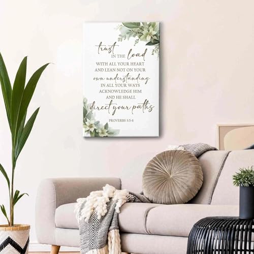 HIWX Christian Wall Decor, Proverbs 3 5-6 Bible Verses Sage Green Botanical Framed Canvas Painting Wall Art Decor, Religious Wall Art Home Decoration for Bedroom Living Room Church Office, 16x24 - color: Medium Trust, size: 24"L x 16"W