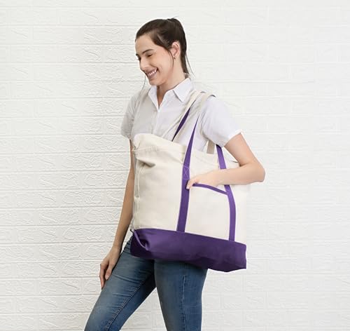 Canvas Tote Bag with Zipper & External Pocket, Reusable Grocery Shopping Tote Bag with Handles for Groceries - color: Purple