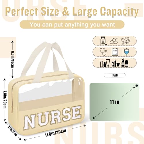 Nurses Week Gifts Chenille Letter Clear NURSE Makeup Bag for Women,Preppy Nurse Cosmetic Pouch Zipper with Handle Nurse Essentials Bag for Work Supplies,Labor and Delivery Nurse Gifts(NURSE-Beige) - color: NURSE-Beige