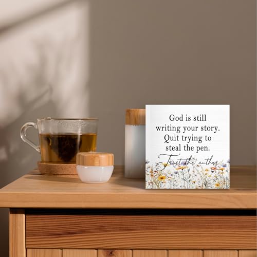 God Is Still Writing Your Story,Wood Box Sign Desk Decor, Christian Scripture Bible Verse Prayer Room Decor Block Sign Decorations for Home Office Wall Tabletop Shelf - color: Colour 03, size: 5 x 5 in