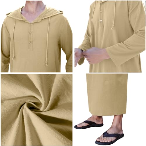 YAOHUOLE Long Sleeve Kaftan Thobe Button down Men Thobe with Pocket Big and Tall Kaftan Muslim Men Thobe - color: Khaki, size: X-Large