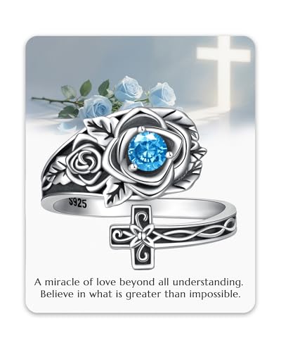 925 Sterling Silver Adjustable Spoon Ring Thumb Ring for Women Vintage Rose Cross Birthstone Victorian Jewelry Gift for Birthday Christmas Anniversary - color: 12-December- Topaz