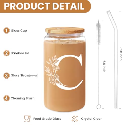 SANDJEST Monogrammed Gifts for Women - Monogram C Initial Glass Cup 16 Oz Can Coffee Cups with Lid and Straw - Monogram Initials Gifts for Womens on Birthday - color: Initial C