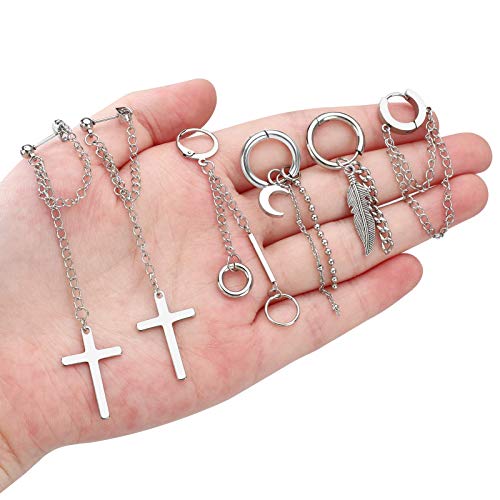20 Pieces Men Earrings Set - Black Stainless Steel Chain Hoop Earrings Cross Moon and Star Dangle Earrings Piercing Jewelry for Men Women - color: Silver