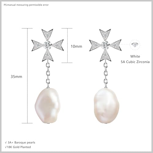 18K Gold Baroque Pearl Jewelry Set, 25.5 Inch Cross Pearls Necklace, Perfect Jewelry Gift for Women - size: Earrings