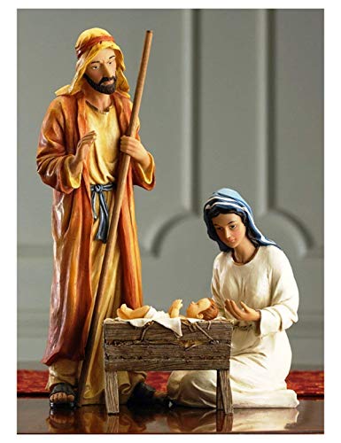 Three Kings Gifts Holy Family Nativity Set, 3-Piece Polystone Mary, Joseph, and Baby Jesus with Manger Figures, Flat Bottom Base Collectibles for 10-Inch Scale Christmas Nativity Scene - size: 10 inch