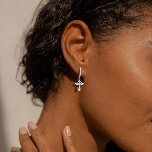 Gold Hoop Earrings For Women Men-Silver Dangle Drop Earrings,Hypoallergenic Huggie Hoop Earrings Trendy-Dainty Diamond Cubic Zirconia Cross Earrings,Simple Christmas Christian Easter Jewelry Gifts - style: Cross Dangle Hoop-Silver