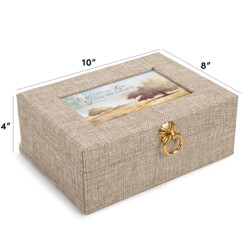 Cottage Garden Planted in Love Grown in Grace Linen Musical Jewelry Box, 10 x 8 Inch Keepsake Box with Photo Window, Plays Tune Amazing Grace
