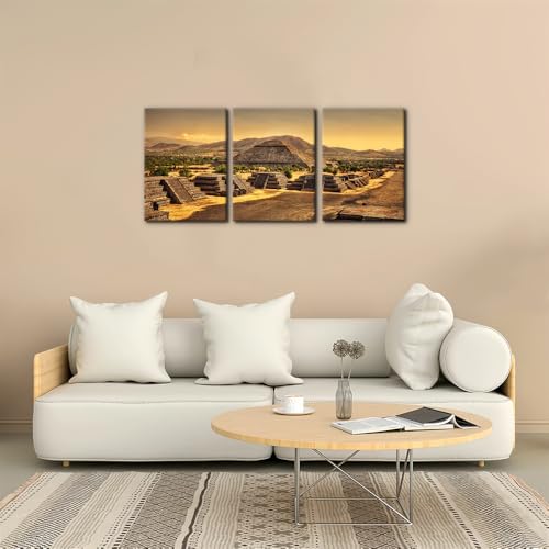 Pacimo 3 Pieces Ancient Mexican Canvas Paintings Aztec Pyramids Pictures Mayan Temple Modern Artwork for Living Room Canvas Wall Art Poster Home Decor Stretch and Framed Ready to Hang - 12"x16"x3 - color: Wallart-07, size: 12"x16"x3 Panels