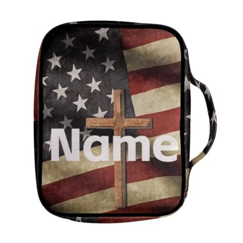 Coldinair Custom Name Bible Cover for Men Women,Cross American Flag Church Bible Protective Book Case with Pen Slot Handle & Zippered Pocket Travel Christian Bible Accessories,Add Your Name - color: Add Your Name,cross American Flag