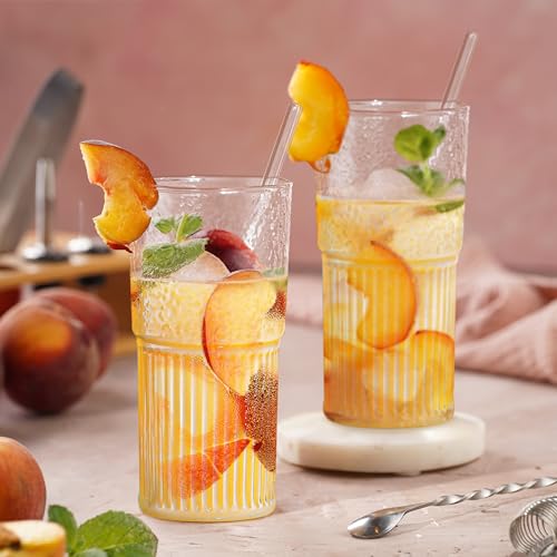 Joeyan 22 oz Glass Tumbler with Straw and Lid for Iced Tea Coffee Smoothie Water Juice Beverages Soda,Clear Borosilicate Glasses Cups,Ribbed Drinking Jar,Set of 2,Dishwasher Safe - color: Clear glass tumbler