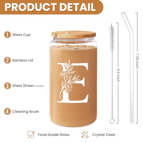 SANDJEST Monogrammed Gifts for Women - Monogram E Initial Glass Cup 16 Oz Can Coffee Cups with Lid and Straw - Monogram Initials Gifts for Womens on Birthday - color: Initial E