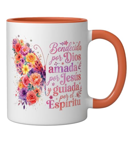 Bendecida Por Dios Amada Por Jesus Christian Spanish Floral Ceramic Mug, Orange/White - color: Orange/White, size: 11 Ounces