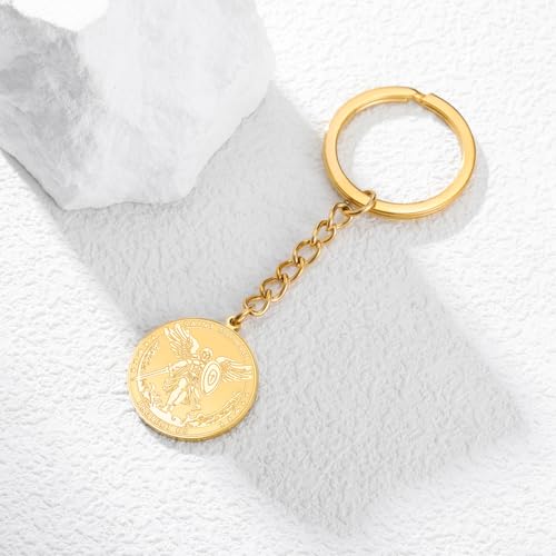 TEAMER Saint Michael Keychain Stainless Steel Religious St. Michael Keychain The Great Protector Archangel Amulet Jewelry - color: Gold