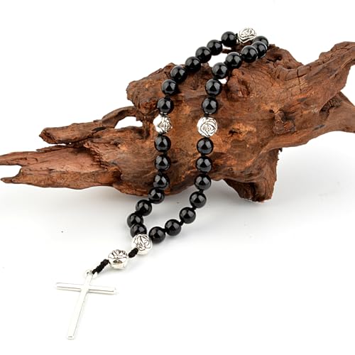 KIKILA Handmade 8mm Anglican Prayer Beads Rosary Natural Stone Beads with Cross Custom Rosary - style: Black Agate
