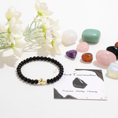Cross Beaded Bracelets for Women, Natural Stone Healing Crystal Bracelet Religious Cross Bracelet for Women Birthday Christian Gifts on Easter Christmas Gifts - color: Black Tourmaline
