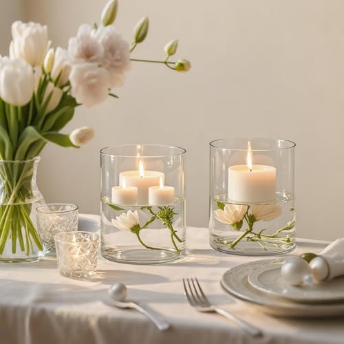 TBWIND 2pcs 6" x 4.7" Clear Glass Cylinder Vases for Centerpieces - size: 2 Pack 6" x 4.7" Wide Mouth - Clear