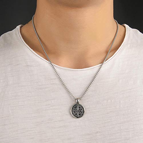 St Benedict Exorcism Medal Necklace for Men Catholic Cross Pendant - color: Black