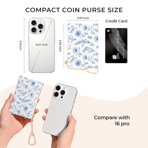 Blue Flower Keychain Coin Purse for Women, Small Change Pouch - color: Abstract Blue Flower