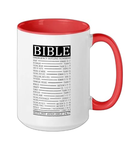 Bible Emergency Hotline Numbers | Christian Ceramic Mug, Red/White, 15oz - color: Red/White, size: 15 Ounces