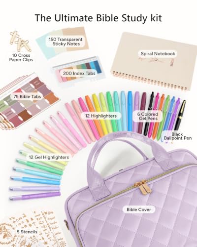 All-in-One Bible Journaling Kit – Quilted Bible Cover Case for Women - color: Light Purple